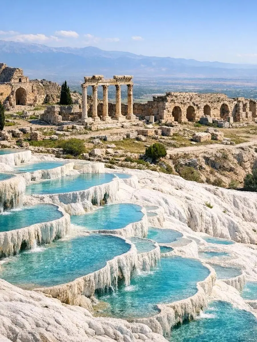 Wassergefüllte Sinterterrassen unterhalb der steinernen Überreste von Hierapolis auf dem Höhenrücken