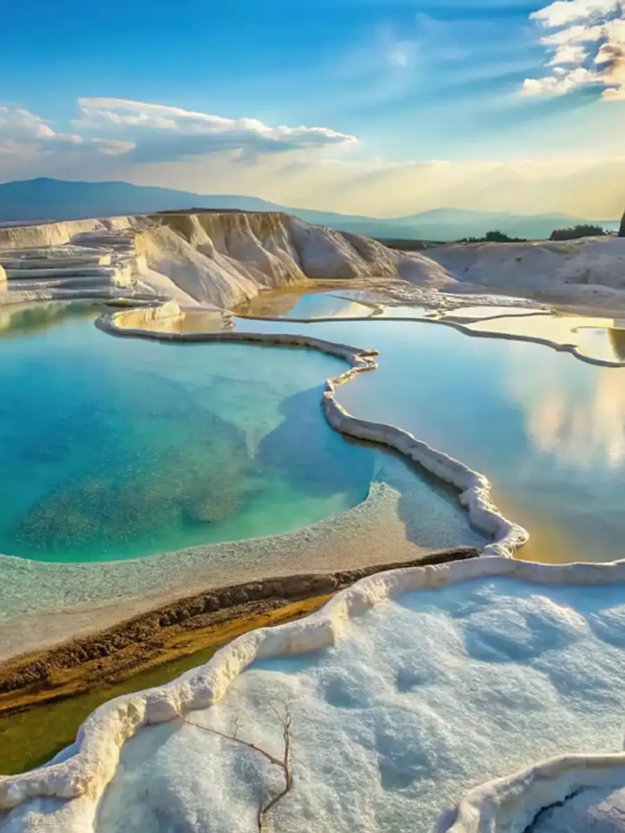 Wassergefüllte Sinterterrassen von Pamukkale im tiefen goldenen Licht kurz vor Sonnenuntergang